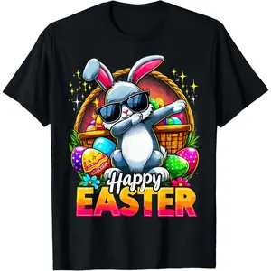 Happy Easter Dabbing Bunny Sunglasses Colorful Easter Eggs Basket Graphic Tee Unisex Black Relaxed Oversized Short Sleeve 100% Cotton Casual Streetwear Easter Holiday Kids Family T-Shirt