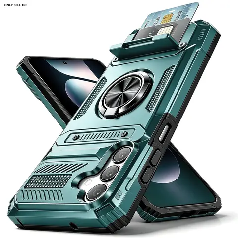 360° Rotatable Ring Kickstand Cover Card Holder [Can Store 2 Cards] Dual Layer Heavy Duty Shockproof Protective Wallet Case for S26 S25 S24 S23 Ultra Plus S26FE S25FE And A57 A56 A55 A37 A36 A35 A27 A26 A25 A17 A16 A15 Smartphone