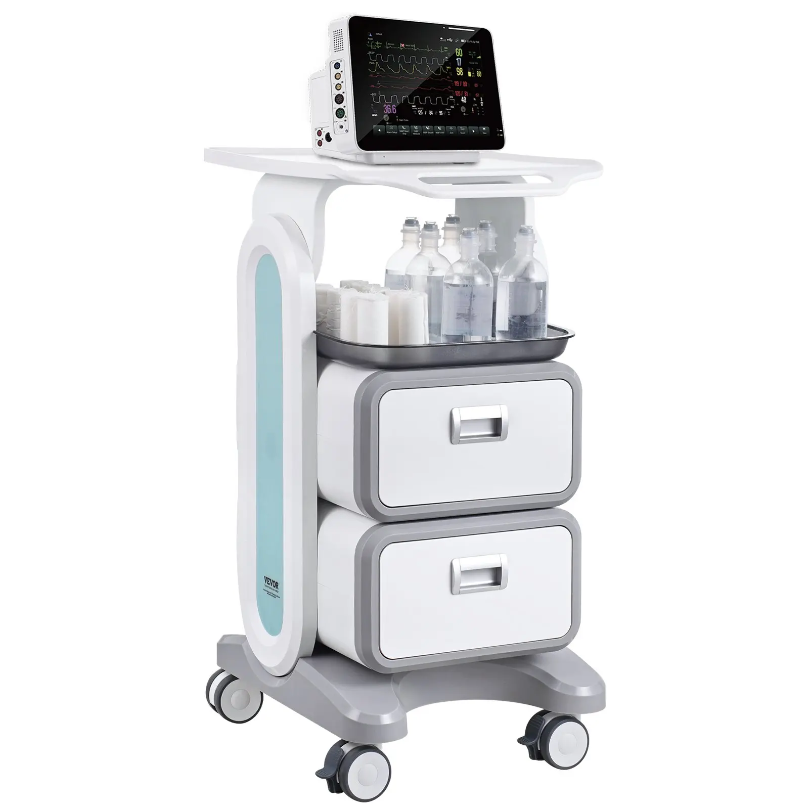 VEVOR 3 Tiers Lab Carts, Lab Utility Cart with 2 Drawers 1 Top Tray, Mobile Medical Cart with ABS Material, Lab Rolling Cart with 4 Silent Wheels for Lab, Clinic, Hospital, Salon, White