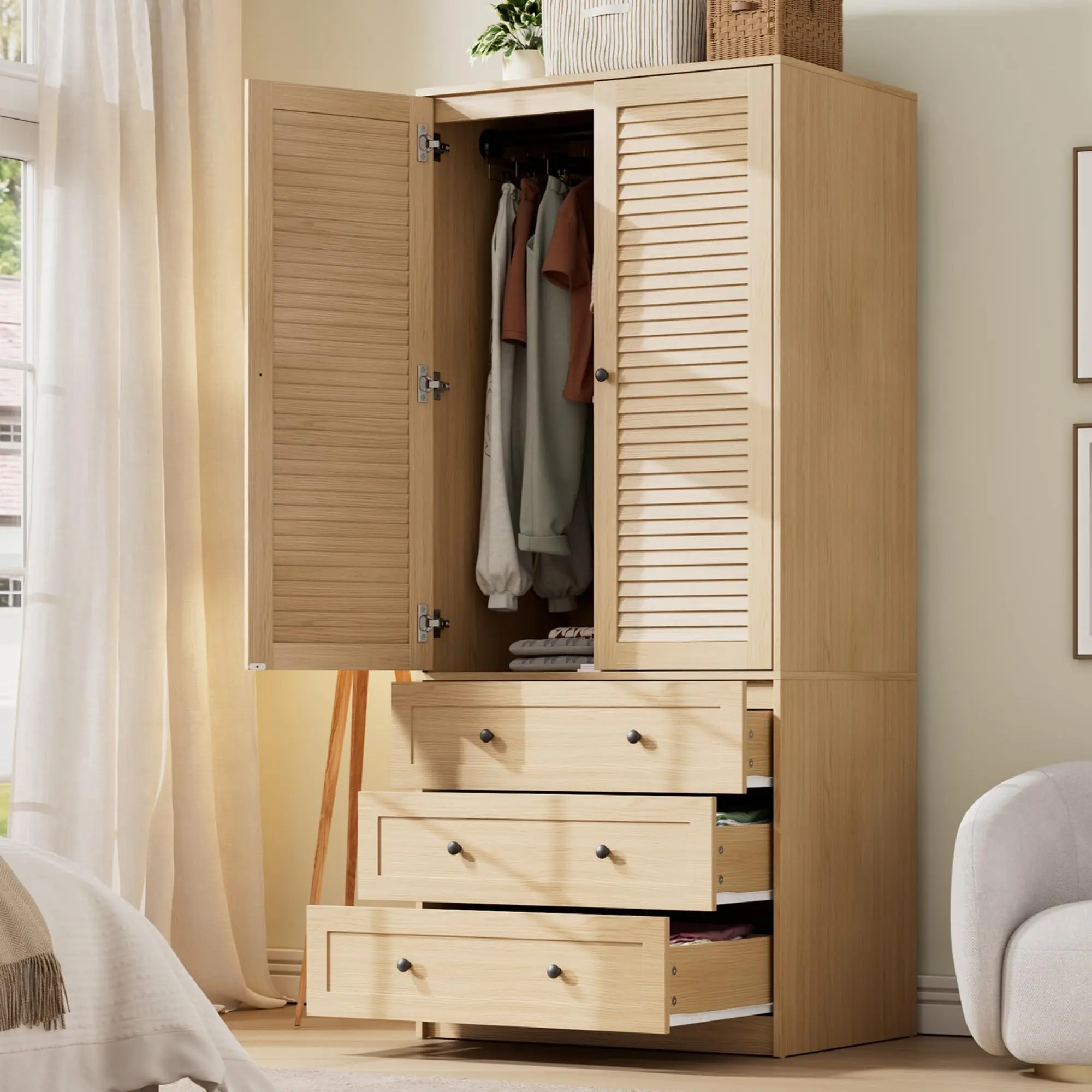 70" Wooden Closet, Bedroom Armoire with Hanging Rod Shelf, Large Capacity Storage Wardrobe Armoire, Freestanding Wooden Closet Storage Cabinet summerwins