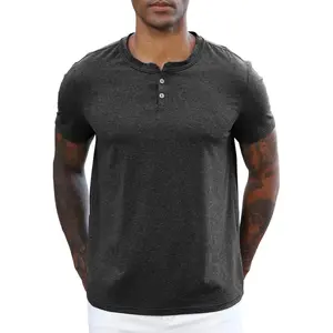 Lzzidou Men's Short Sleeve Henley Shirt - Slim Fit Casual 2-Button Placket T-Shirts 95% Cotton Stretch