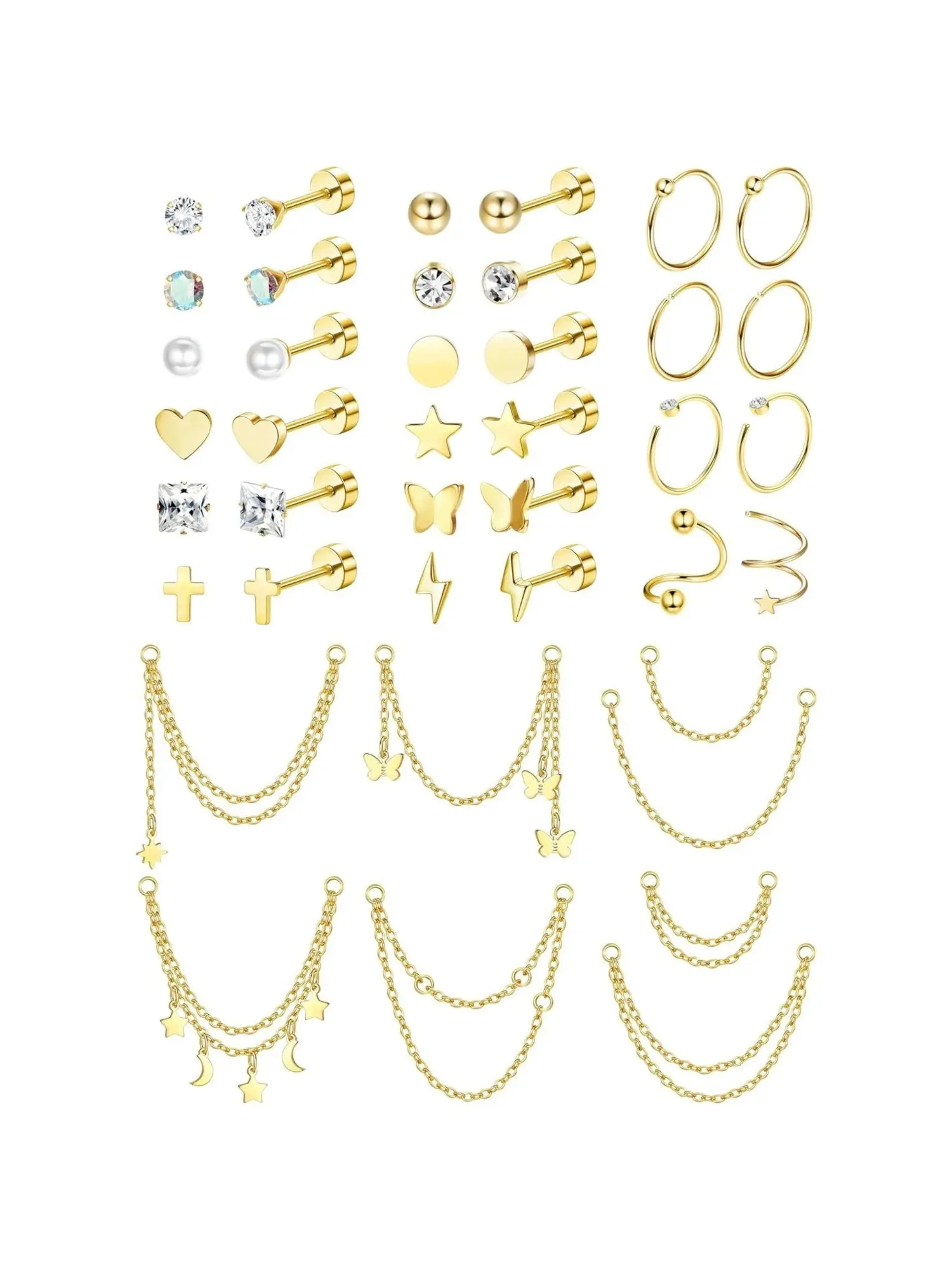 40PCS 20G Cartilage Earrings For Women Men Surgical Steel Hypoallergenic Stainless Steel Flat Back Stud Earrings Small CZ Star Moon Opal Butterfly Cartilage Huggie Hoops Chain Dangle Cartilage Helix Tragus Piercing Jewelry Stackable Earrings Ear Studs
