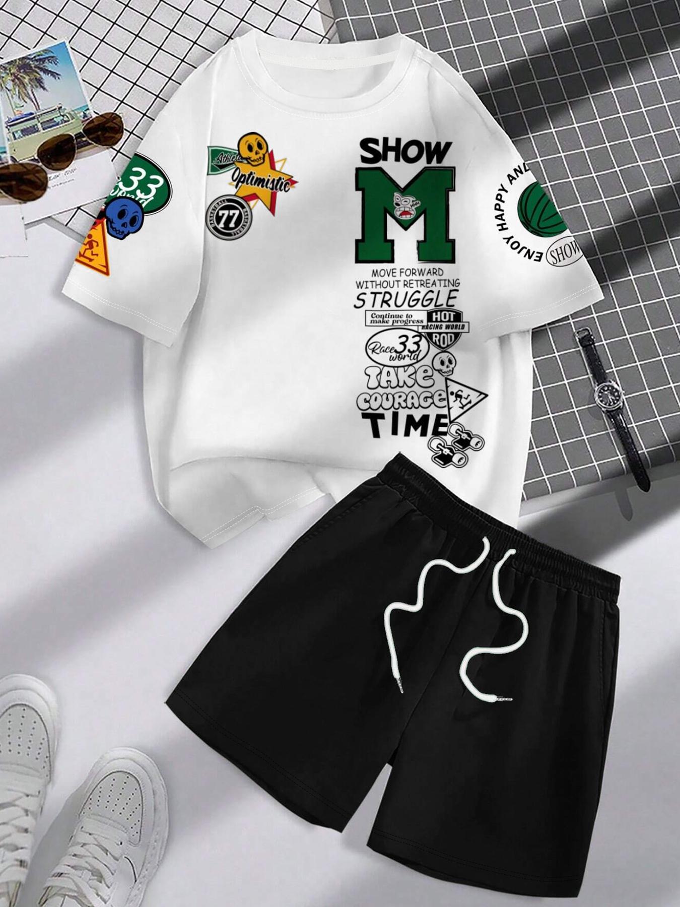 Men's Letter Print Short Sleeve Tee & Shorts Two-piece Set, Regular Fit Round Neck T-shirt & Track Shorts, Casual Fashion Cozy Breathable Men Two-piece Outfits for All Seasons