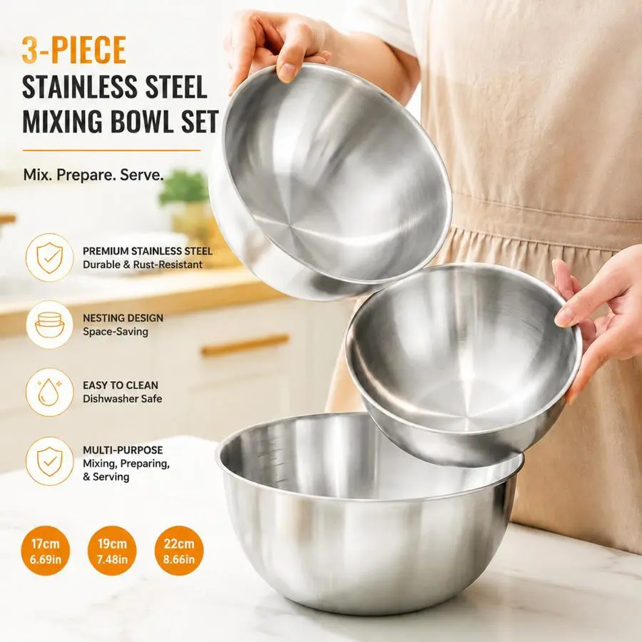 Stainless Steel Salad Bowl Single-layer Bibimbap Noodle Bowl, Fruit Bowl, Instant Noodle Bowl, Serving Bowl for Fruit Cereal Snack Appetizer, Kitchen Mixing Cooking Tools