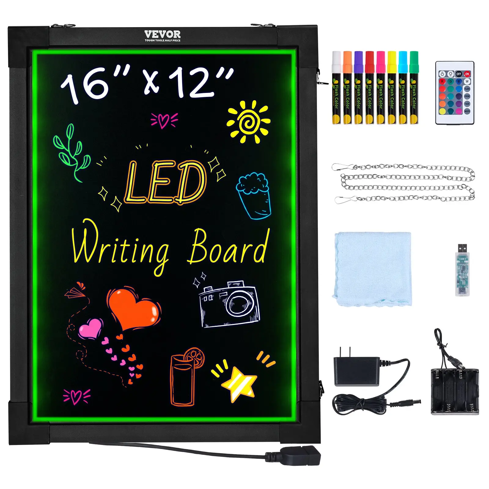 LED Message Writing Board, 16" x 12" Illuminated Erasable Lighted Chalkboard, Neon Effect Menu Sign Board, Drawing Board with 8 Fluorescent Chalk Markers and Remote Control, for Home Wedding Shop