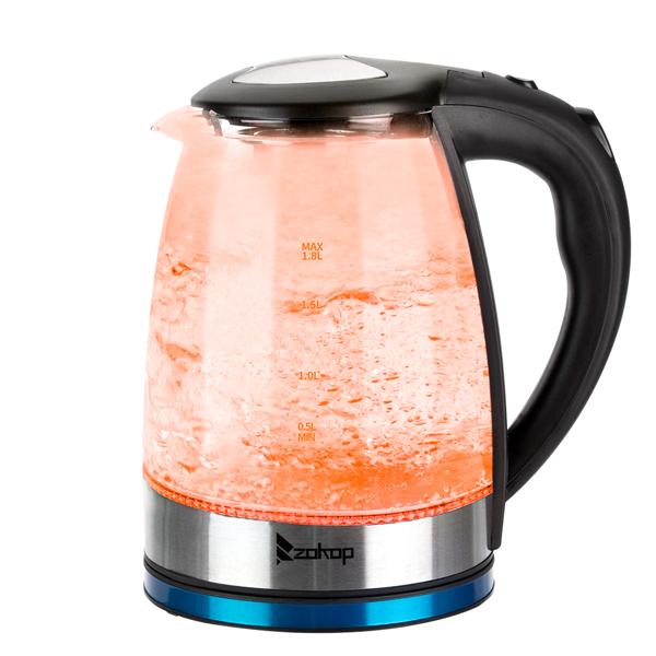 ZOKOP HD-1861-A 110V 1200W 1.8L Electric Glass Kettle US Plug with LED Lights, 360° Rotation Base, Auto Shut-off, and Mesh Filter for Spill Proof Pours Automatic