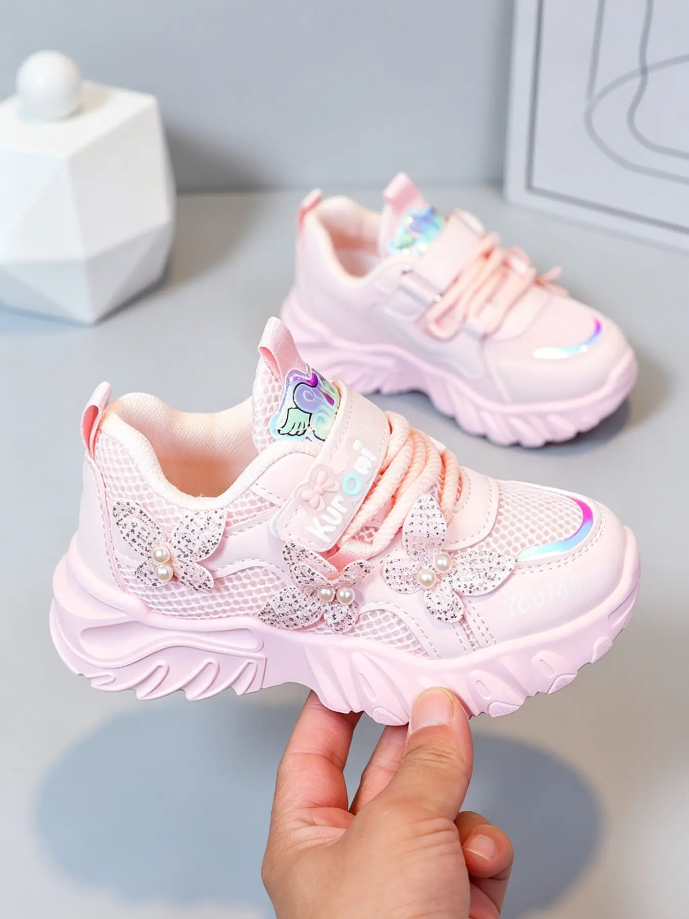 Little Girls Girly Glitter Butterfly Pearl Low Top Chunky Sneakers, Kuromi Design Mesh Breathable Casual Shoes, Non-Slip Hook & Loop Kids School Running Trainers