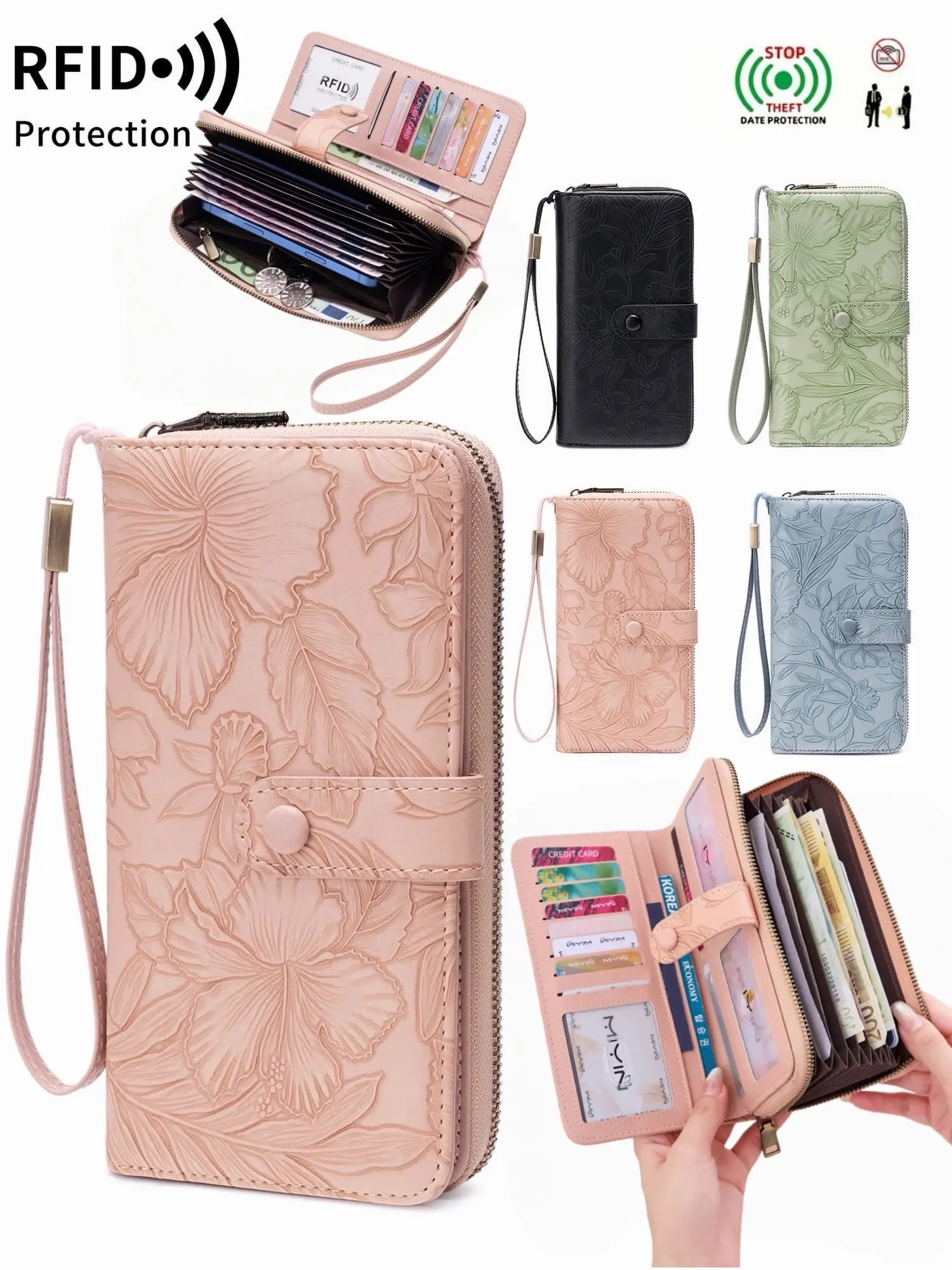 Women Floral Embossed Accordion Long Wallet, RFID Blocking Wrist Clutch, Multi-Layer Cash Compartments, Holds Cell Phone & Multiple Credit Card Slots, Multi-Functional Stylish Portable Hand Purse For Daily Carry