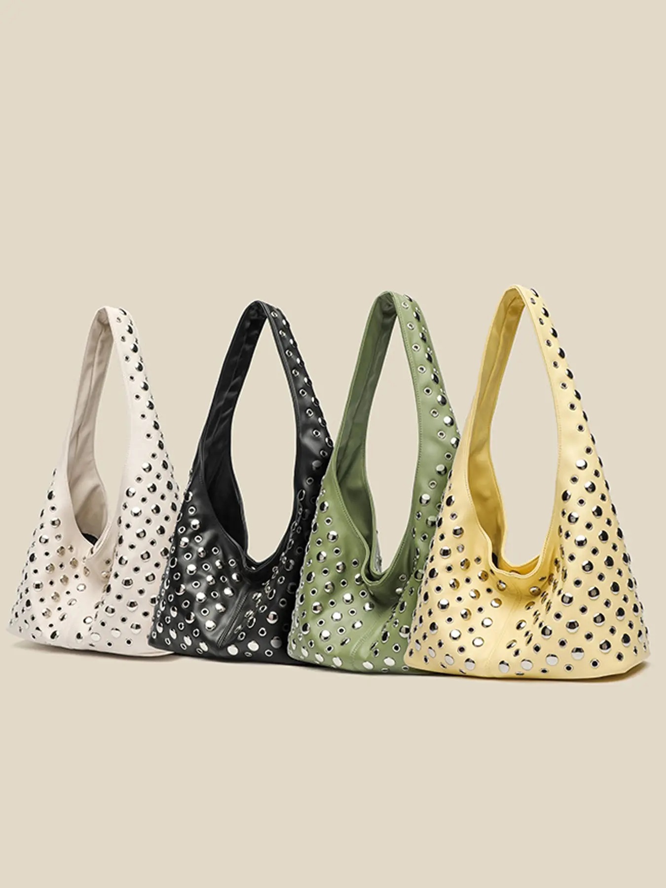 Women Studded Shoulder Bag, Soft PU Leather Slouchy Purse, Punk Y2K Underarm Tote Handbag with Top Handle, Everyday Use Fashion Accessory, Embellished Shoulder Bag