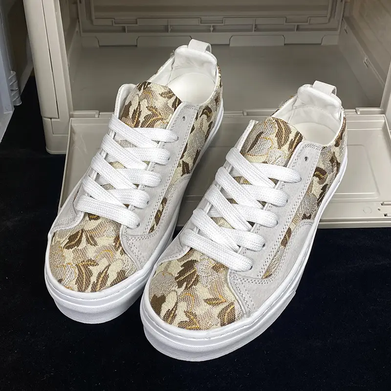 Unisex Casual Preppy Vintage Floral Jacquard Canvas Skate Shoes - Round Toe, Breathable, Laces, White Platform Sole, Retro Botanical Print Men's Casual Trainers