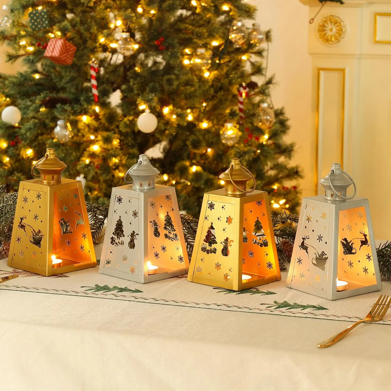 Christmas Lanterns Decorations Outdoor&Indoor, 4 count Decorative Candle Holder Set with Christmas Tree, Snowman, Reindeer, Santa Claus Openwork Patterns, &Tabletop Decor (No Glass)