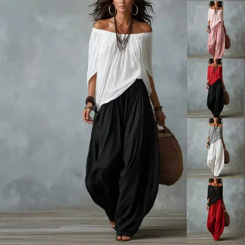 Women's 2-Piece Premium Casual Set - Off-The-Shoulder Flowy Top & Baggy Wide-Leg Harem Pants - Boho Beach Vacation,Lounge Streetwear (2026 Trendy) Clothes for Women,2 Piece Pants Set Women