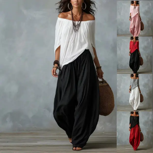 Women's 2-Piece Premium Casual Set - Off-The-Shoulder Flowy Top & Baggy Wide-Leg Harem Pants - Boho Beach Vacation,Lounge Streetwear (2026 Trendy) Clothes for Women,2 Piece Pants Set Women
