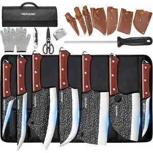 MDHAND 14pcs Kitchen Chef Knife Set, Hand Forged High Carbon Steel,Includes Butcher,Meat Cleaver, Boning,with Knife Roll Bag#DealsForYouDays