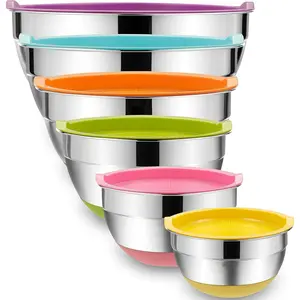 Mixing Bowls with Airtight Lids, 6 Piece Stainless Steel Metal Bowls, Measurement Marks & Colorful Non-Slip Bottoms Size 7, 3.5, 2.5, 2.0,1.5, 1QT, Great  Mixing & Serving