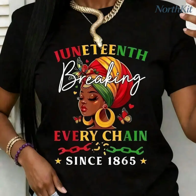 Women's Plus Size Juneteenth 'Breaking Every Chain' Graphic Short-Sleeve Crewneck Basic T-Shirt - Breathable Cotton Fabric, Moisture-Wick, Sporty Chic Fit, Streetwear, Athletic Casual Top, Jackets, Shortsleeve