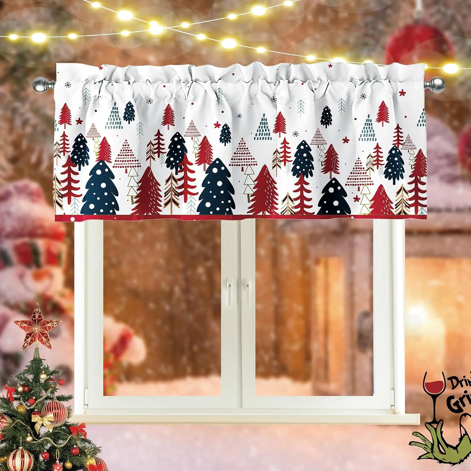 Christmas Window Valance, 52x18 Inch Christmas Tree Snowflake Curtains Valance with Rod Pocket Winter Colorful Doorway Decoration for Kitchen Bathroom Living Room Bedroom