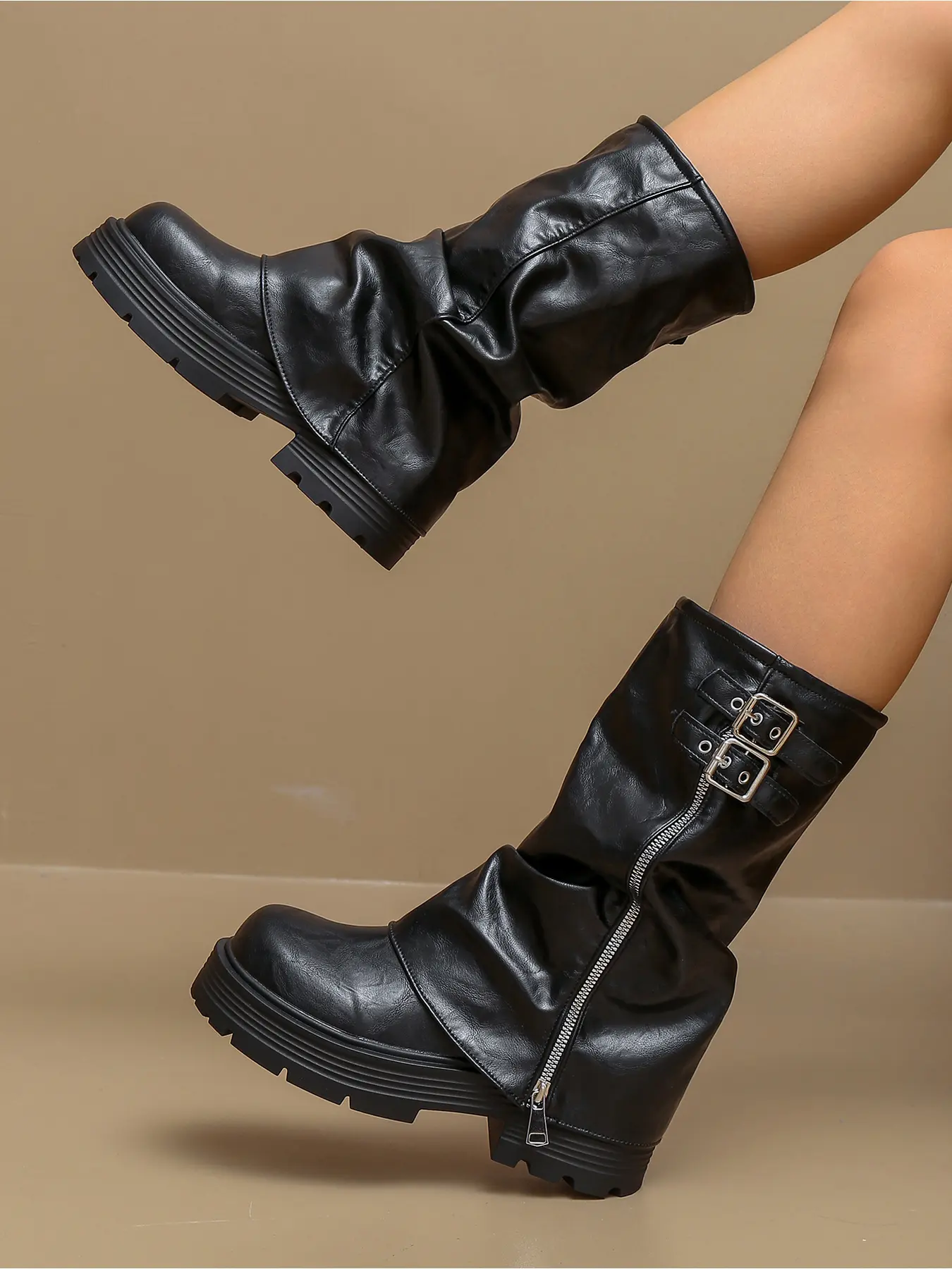 Basic Ruched Cuff Buckle Side Zip Mid Calf Boots, Versatile Footwear For Daily Commute & Shopping