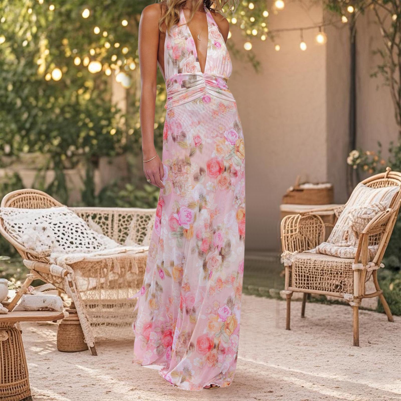 Women Long Dress, Sleeveless Halter Dress Backless Flower/Dots Print Summer Cocktail Dress Casual Light sundress Cotton Candy Outfit Beach Outfits #TiktokShopBacktoSchool