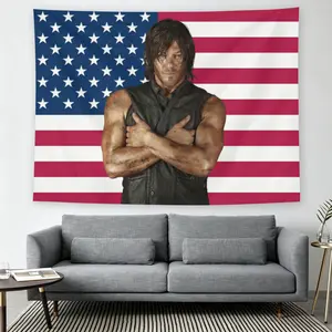 Daryl Dixon Red, White, Blue American Flag Wall Flag, Walking Dead Prints, Medieval Modern Black Flash Comic Style, TV Program Decoration, Y2K Aesthetics, Suitable for Adult Fans, Men's Cave Living Room Tapestry