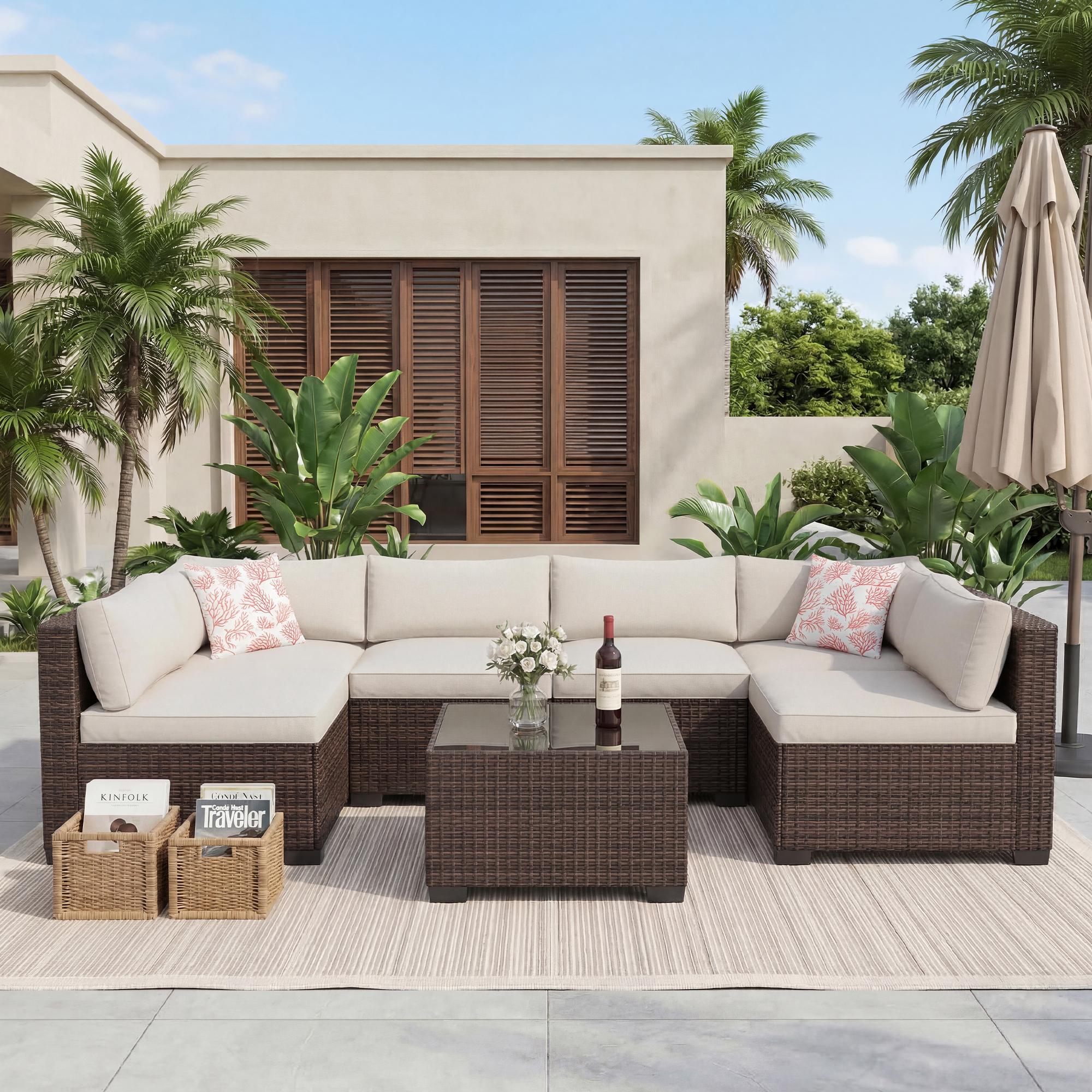 Garvee 7-Piece Durable Outdoor Furniture Set - Waterproof PE Rattan Patio Modular Sectional Couch, Patio Conversation Set with Storage Table, Ottoman, Beige Cushions, Wipe Clean All-Weather Garden Seating Group, Outdoor Furniture Sets, 7‑Piece Lounge