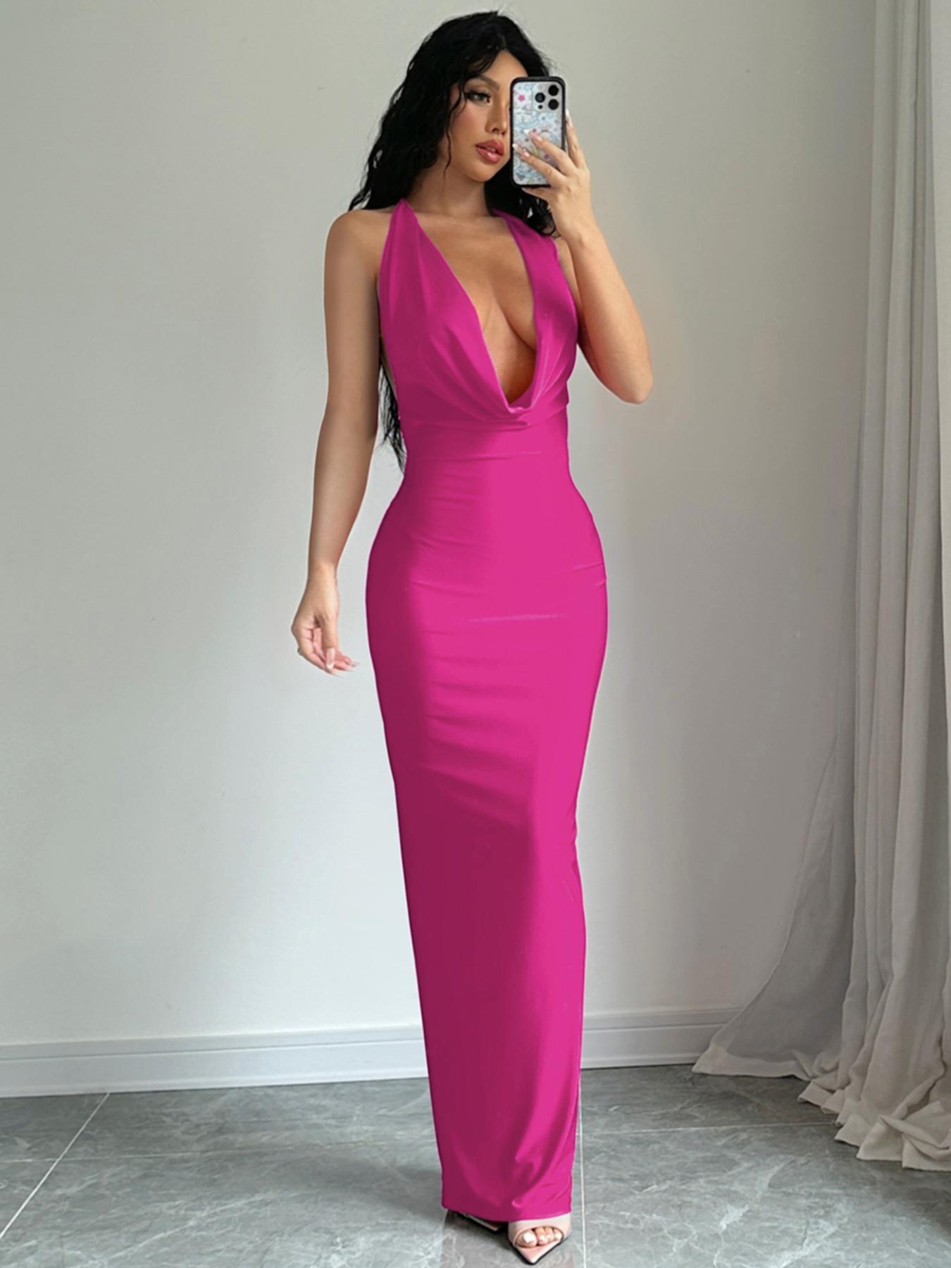 Women's Solid Backless Draped Tie Back Satin Dress, Fashion Halter Neck Sleeveless Long Slim Bodycon Dress for Evening Party, Summer Outfits 2026, Ladies Summer Clothes