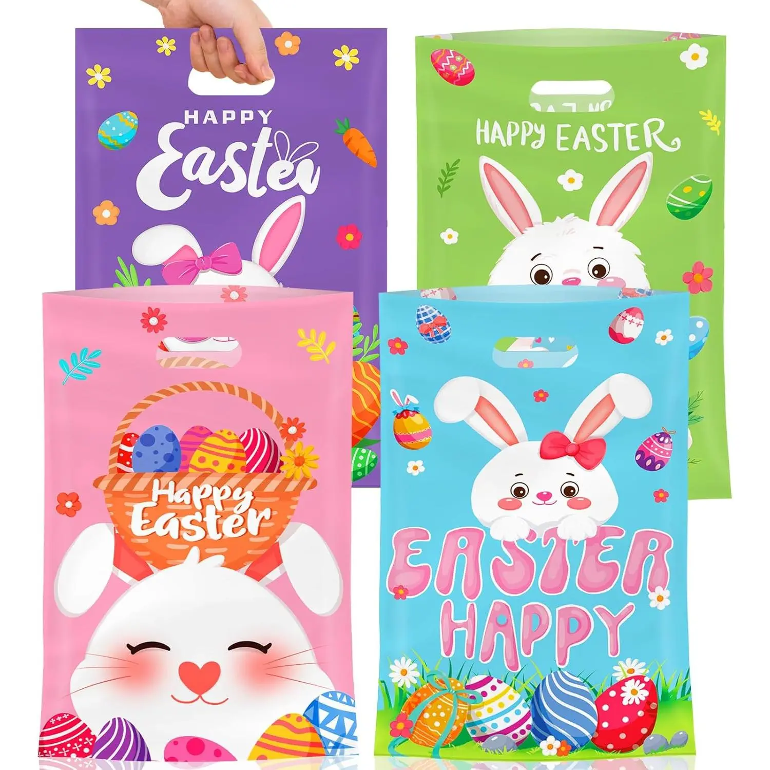 50 count Easter  Bags with Handles, Plastic Happy Bunny Goodie Bags Bulk, Cute Spring  Tote  Cookie Party Favor Bag for Easter Activity Party Favors Supplies Gifts, 4 Styles