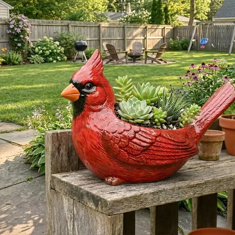 Resin Ceramic Cardinal Planter, Succulent Pot with Drainage Hole, Indoor Outdoor Home Garden Decor, Durable Design for Plants
