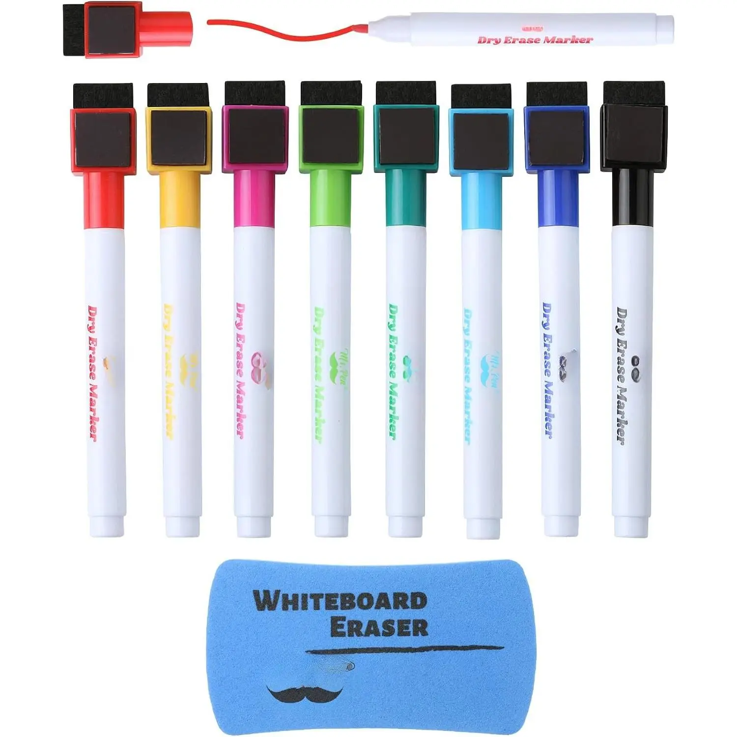 Dry Erase Markers, 8-Pack Colorful Fine Tip Markers with Whiteboard Eraser, Low Odor Quick Dry Ink, for School/Office Whiteboards, Colorful Pack