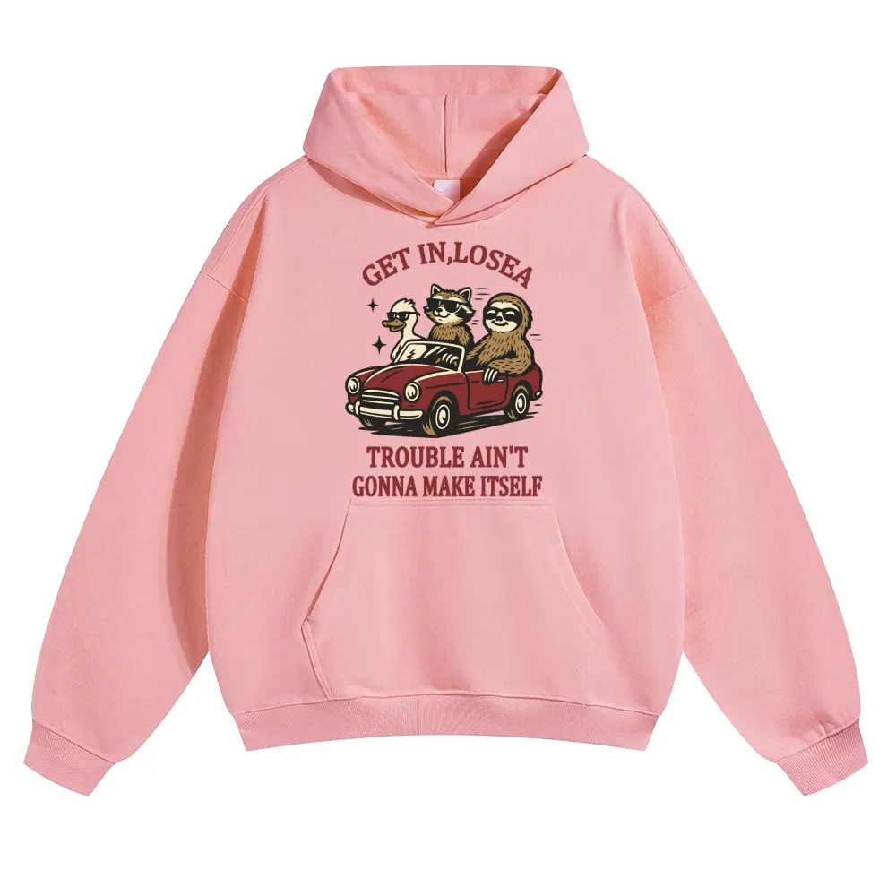 Unisex Get in loser Vintage sedans, ducks, raccoons, sloths Graphic hoodie Personalized Pattern Y2k Clothing Round Neck hoodie,Women's Clothing, Menswear, Top, Vintage Style,Summer Casual Oversized
