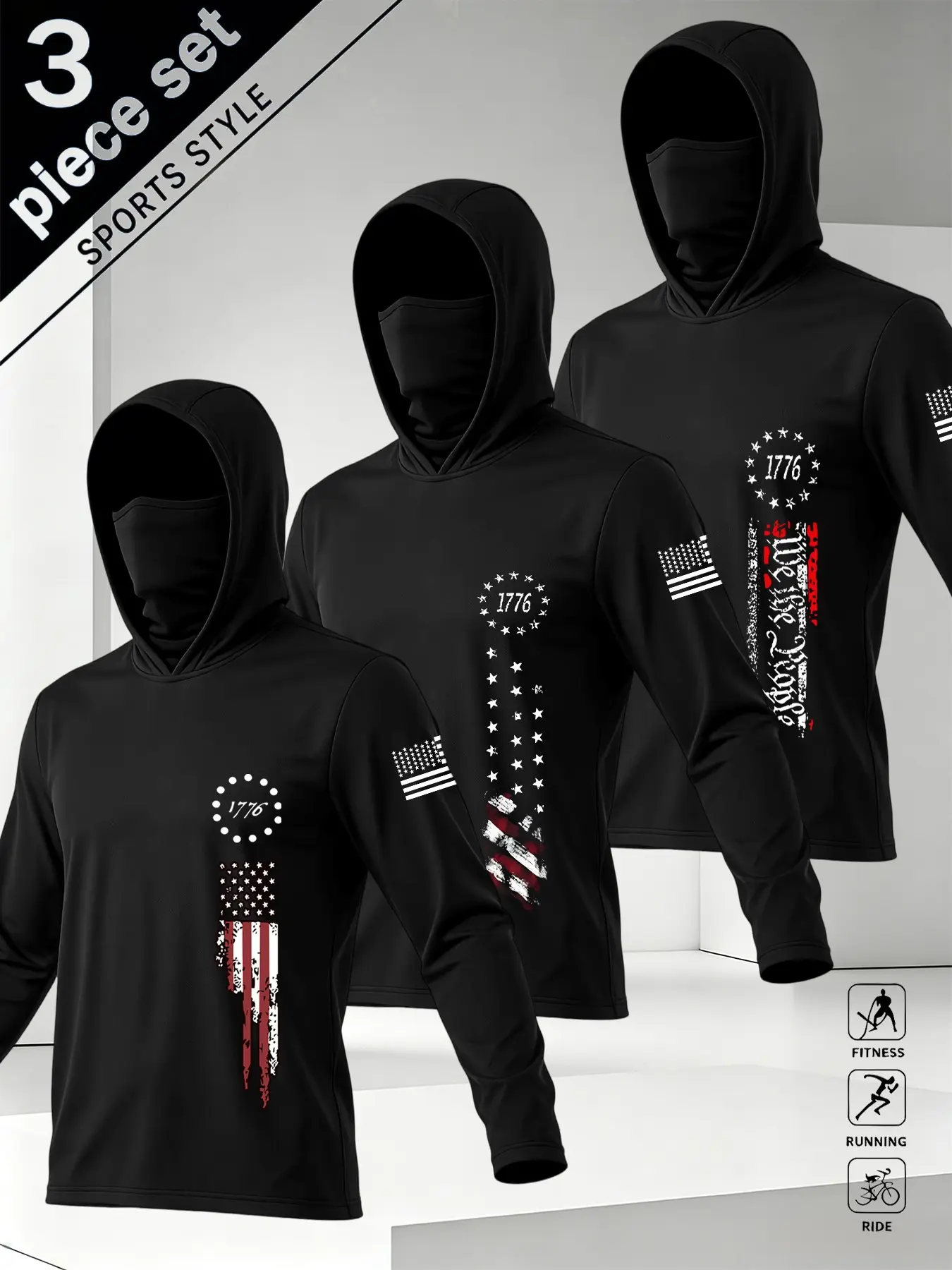 3 Piece Men's Hooded Sportswear Set, Tactical Style, Floral Print, Long Sleeves, Ideal for Running, Cycling, Outdoor Training