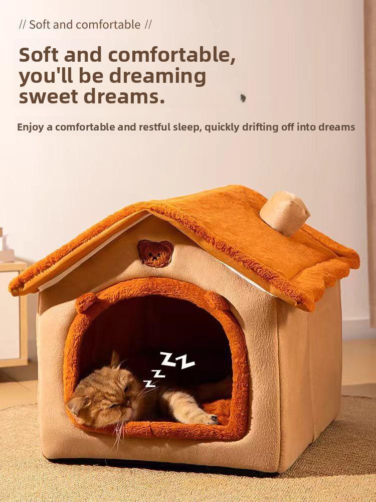 All-Season Warm Enclosed Cat House Villa Washable Removable Cover Cozy Pet Nest Warm Cave Bed for Cats Small Dogs