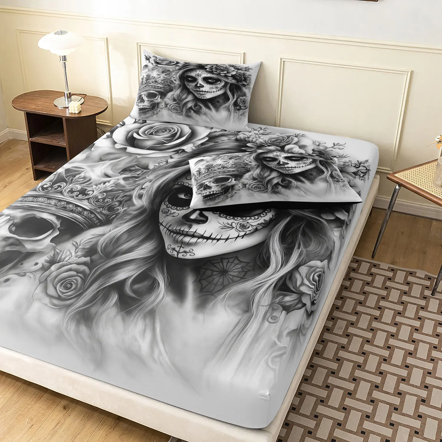 3Pcs Monochrome Day of the Dead Skull Print Fitted Bed Sheet, Gothic Tattoo Style Sugar Skull Microfiber Bed Sheet Set, Deep Pocket Fitted Sheet & Mattress Protector, For Family Dormitory Hotel Bedding Thick Mattress ( No Pillow)
