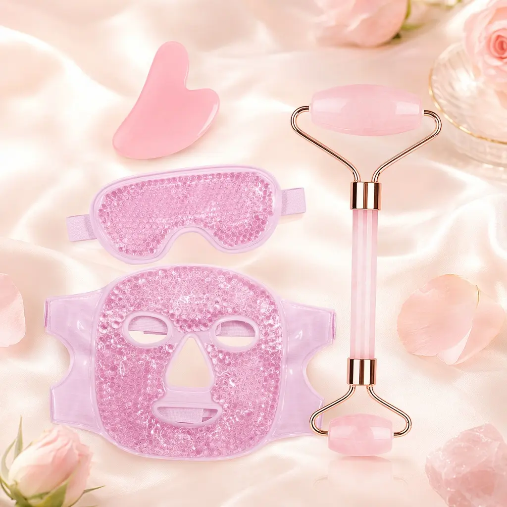 Natural Pink Crystal Facial Massage Kit Double Head Jade Roller Gua Sha Scraper Reusable Gel Ice Face Mask & Eye Mask Set Facelift Wrinkle Reducer for Anti-Aging, Dark Circles, Puffy Eyes Skin Care