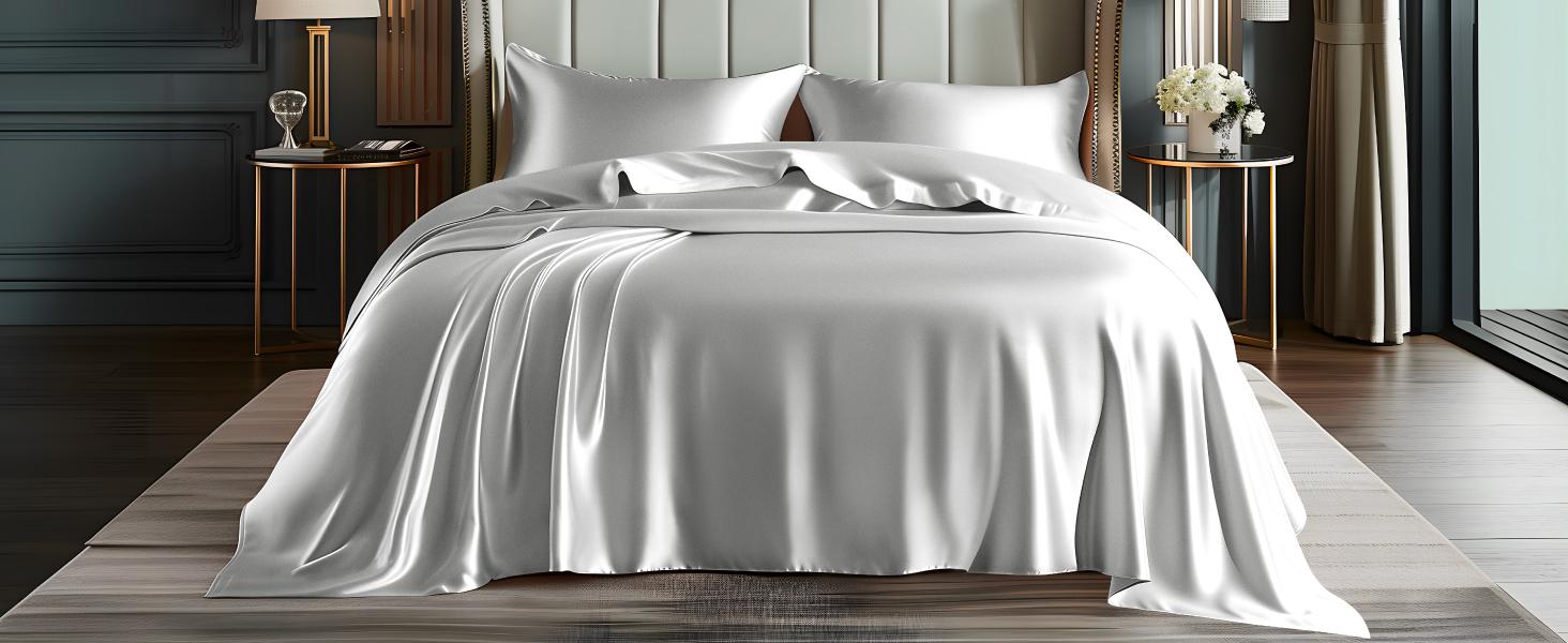 BEDELITE Satin Sheets Bed Set Luxury Soft Ivory White Summer Edition Reversible Microfiber Bedding  Full Queen King Sizes Deep Pocket Fitted Sheet for Hair and Skin Care Valentine's Day gift