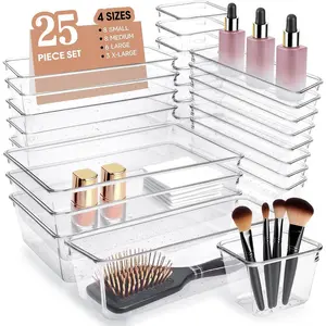 Clear Drawer Organizers 8 Pack and 25 Pack Options, Oil Proof Kitchen Storage Bins with Non Slip Base, Stackable Transparent Trays for Bathroom Countertop Skincare Makeup Tools, Fits Silverware Utensils Spices and Toiletries, Home Organization