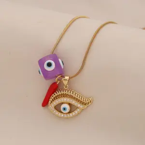 vibecharm Women's Non-Tarnish Stainless Steel Cube Evil Eye Necklace - Red Chili Pepper Protection Amulet, Waterproof Gold-Tone Long Chain Rope, Spiritual Daily Wear Costume Jewelry, Long Chains