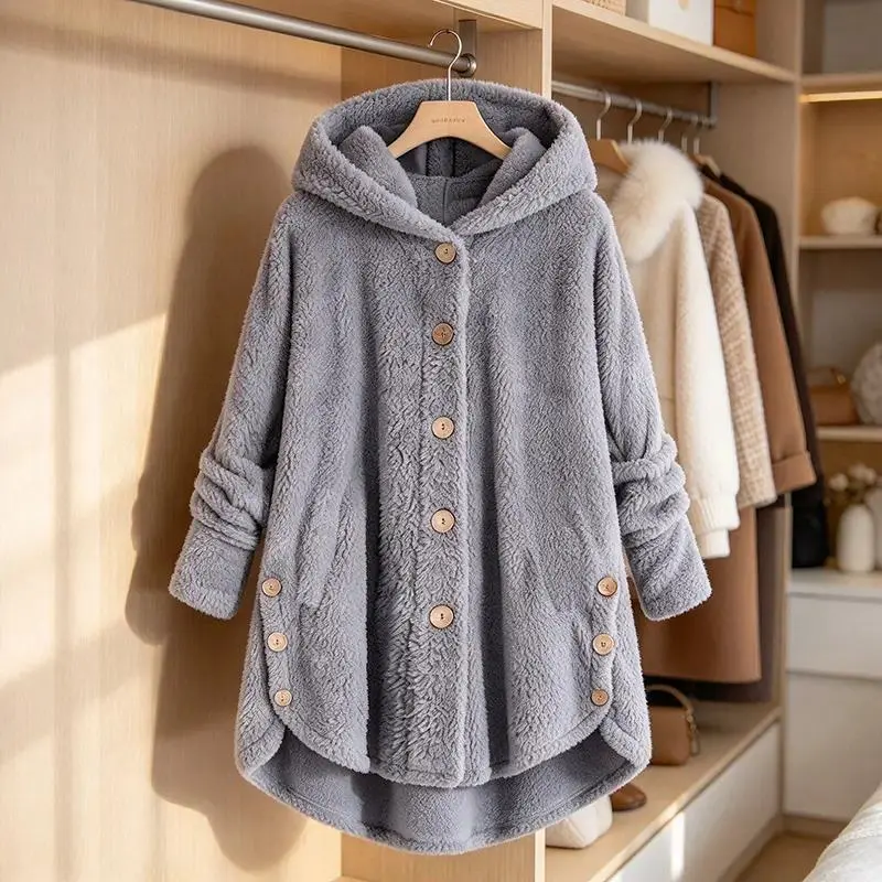 Women's Thick Plush Long Sleeve Irregular Winter Coat, Button Front Casual Outerwear, Soft Warm Trendy European Style Jacket, Breathable Multi-Size Top for Daily Outdoor & Street Styling