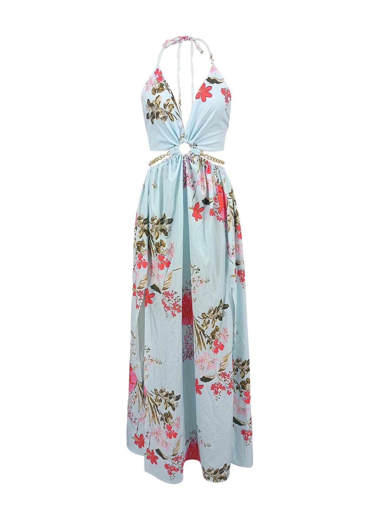 Summer Floral Print Deep V Halter Tie Split Maxi Dress Casual Wear