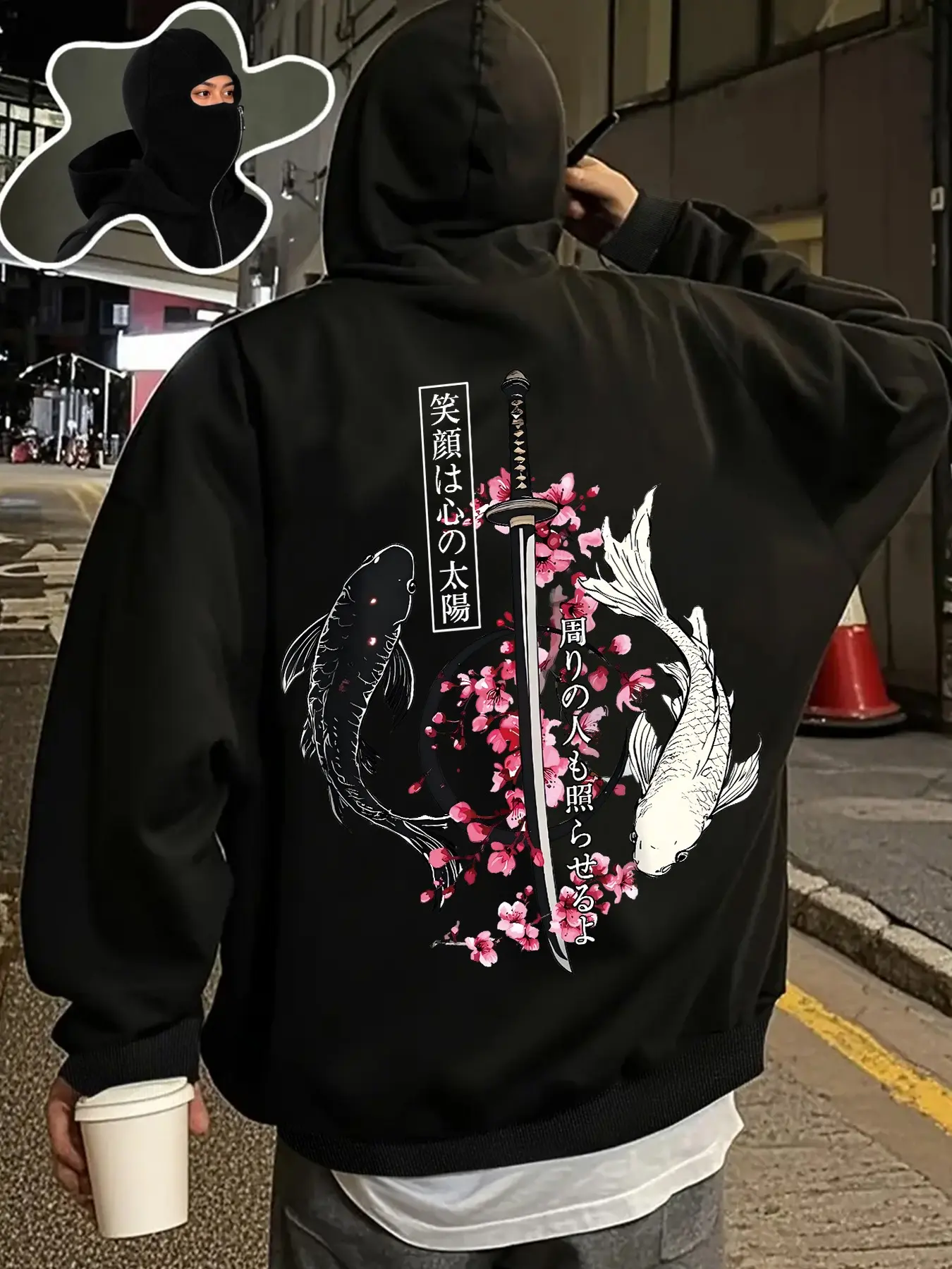 Vintage Koi Sword Cherry Blossom Print Masked Jacket, Wrinkle-Resistant Durable Fabric, Unique Mask Design, Y2K Street Style, Fall Winter Couples