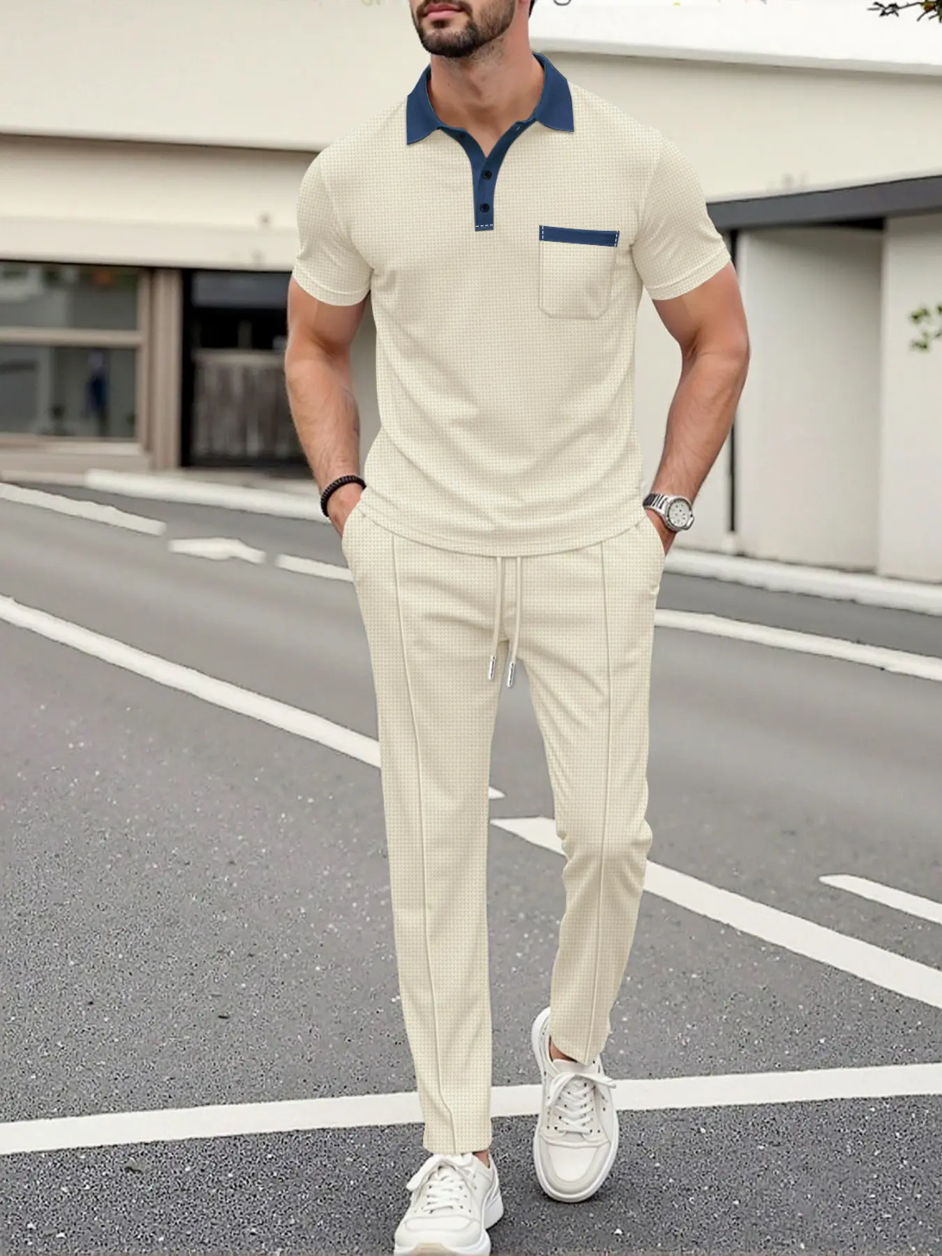 Men's Two-Piece Set, Christmas Gift, Friday, Spring Summer Fall Clothing, Casual Knit Pants, High Waist, Long Sleeve Blazer