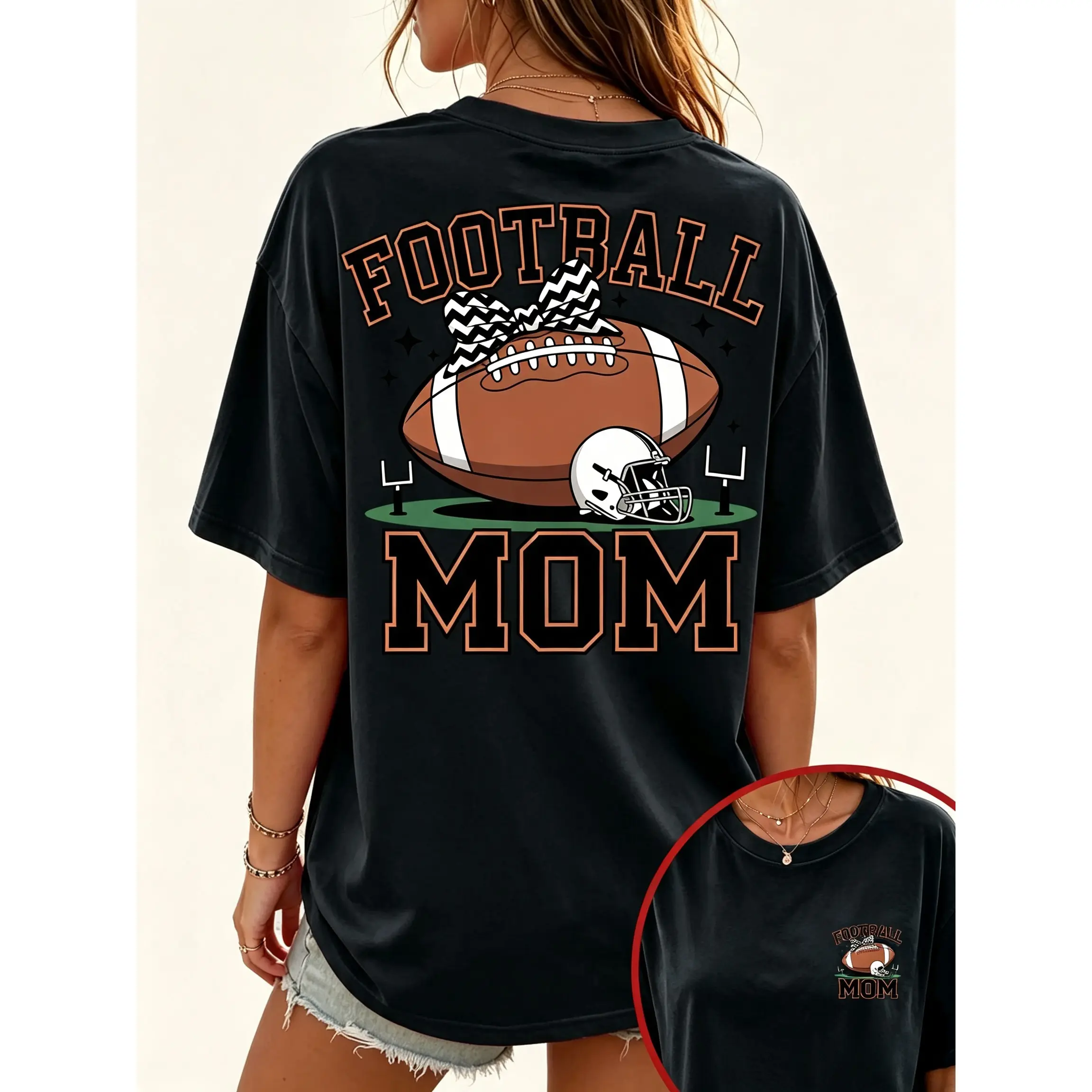 Football Mom Oversized T-Shirt ,Cute Bow Football Graphic Tee Casual Sports Mommy Shirt ,Retro Game Day Top Women, Comfort Soft Short Sleeve Sports Mama Apparel