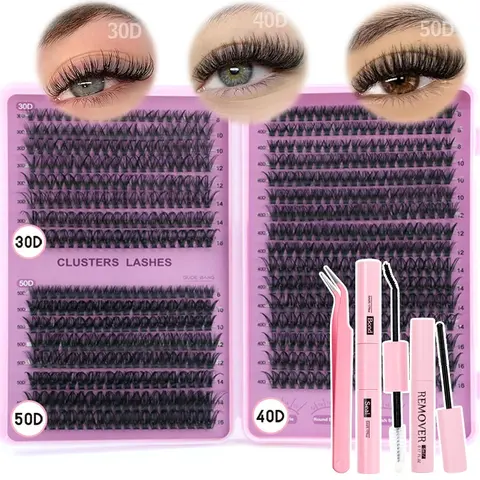 Large Capacity False Lash Extension Kit, 30D/40D/50D, D Curl, Fluffy, Non-Toxic, Includes Adhesive and Tools, DIY Lash Extensions, Lira Lash Clusters