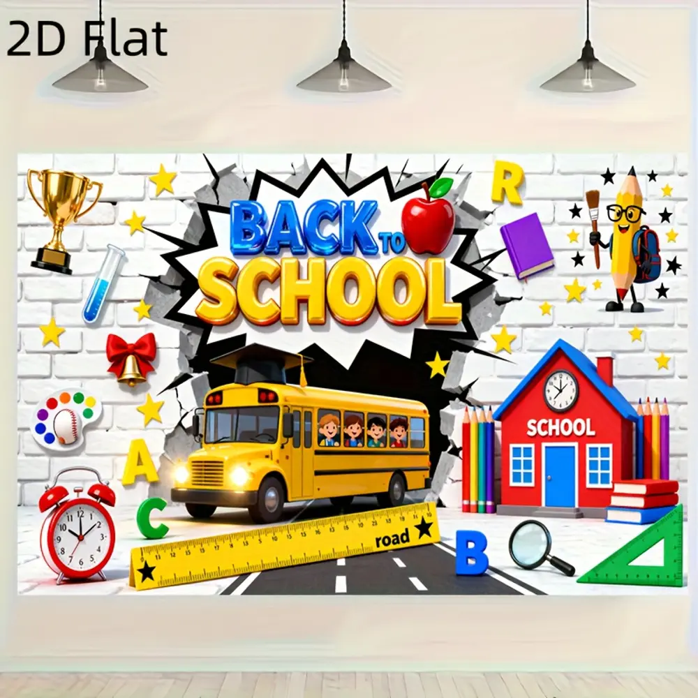 2D Flat Back to School Themed HD Digitally Printed Polyester Photography Backdrop - Indoor Portable Printing Cloth, Soft Lightweight Foldable Easy to Carry, Suitable for Party Photos, Video Creation