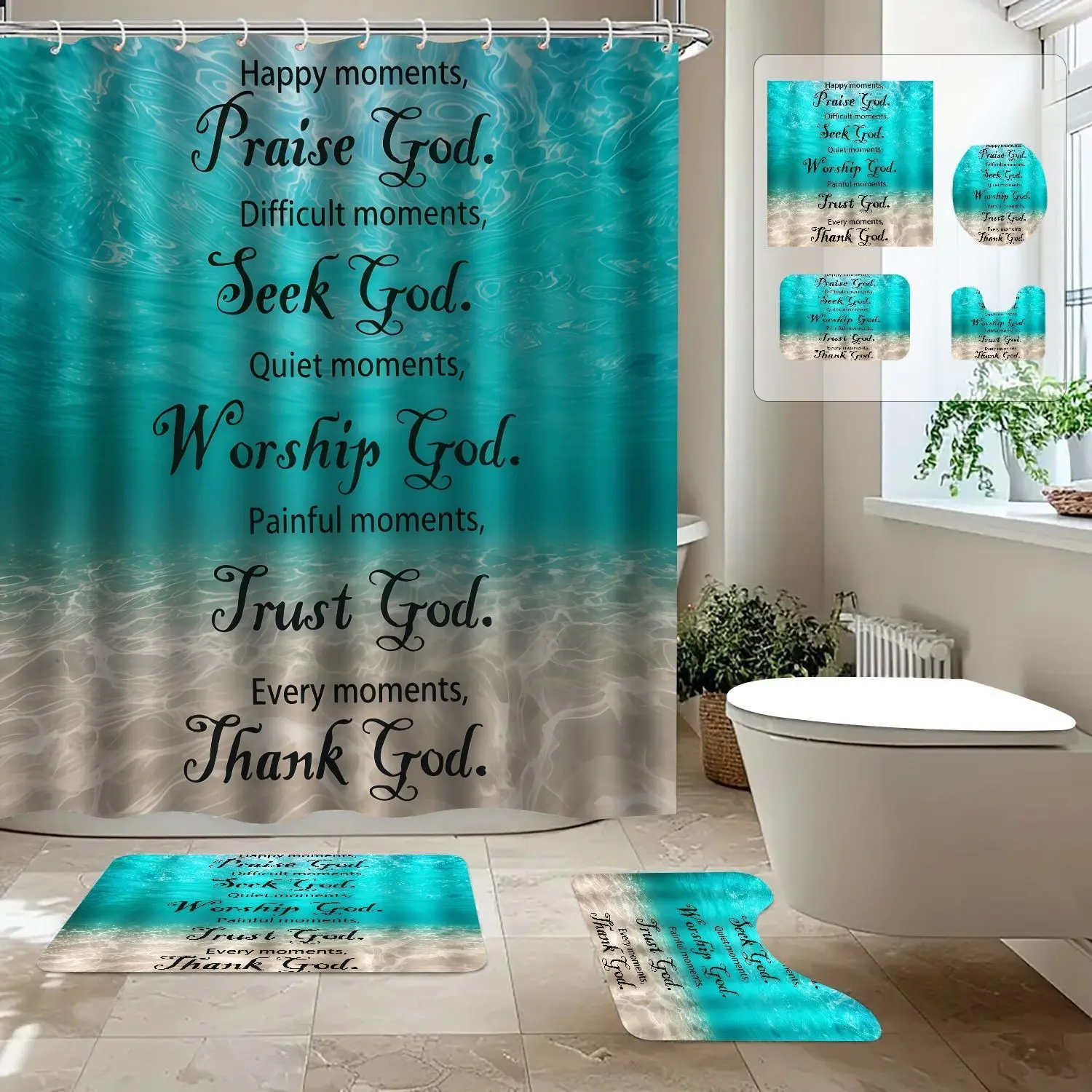 1/4pcs Blue Wave Motivational Text Bath Curtain Set, Simple Religious Style, 100% Polyester, Waterproof, Bathroom Home Decor