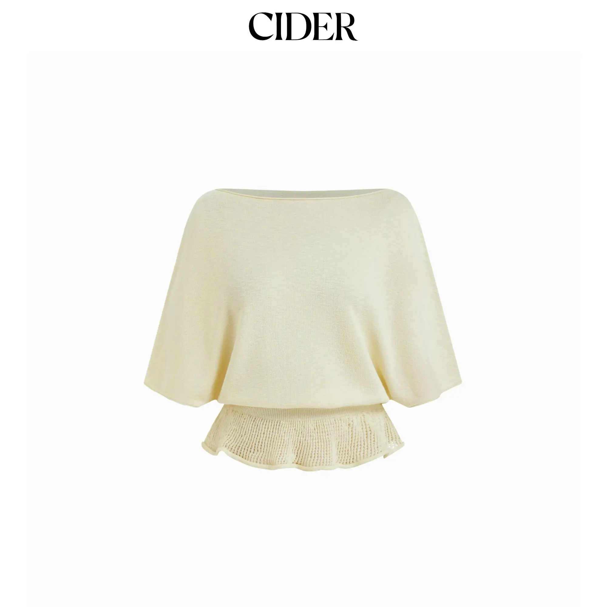 Cider Knit Boat Neck Batwing Sleeve Ruffled Top