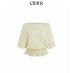 Cider Knit Boat Neck Batwing Sleeve Ruffled Top