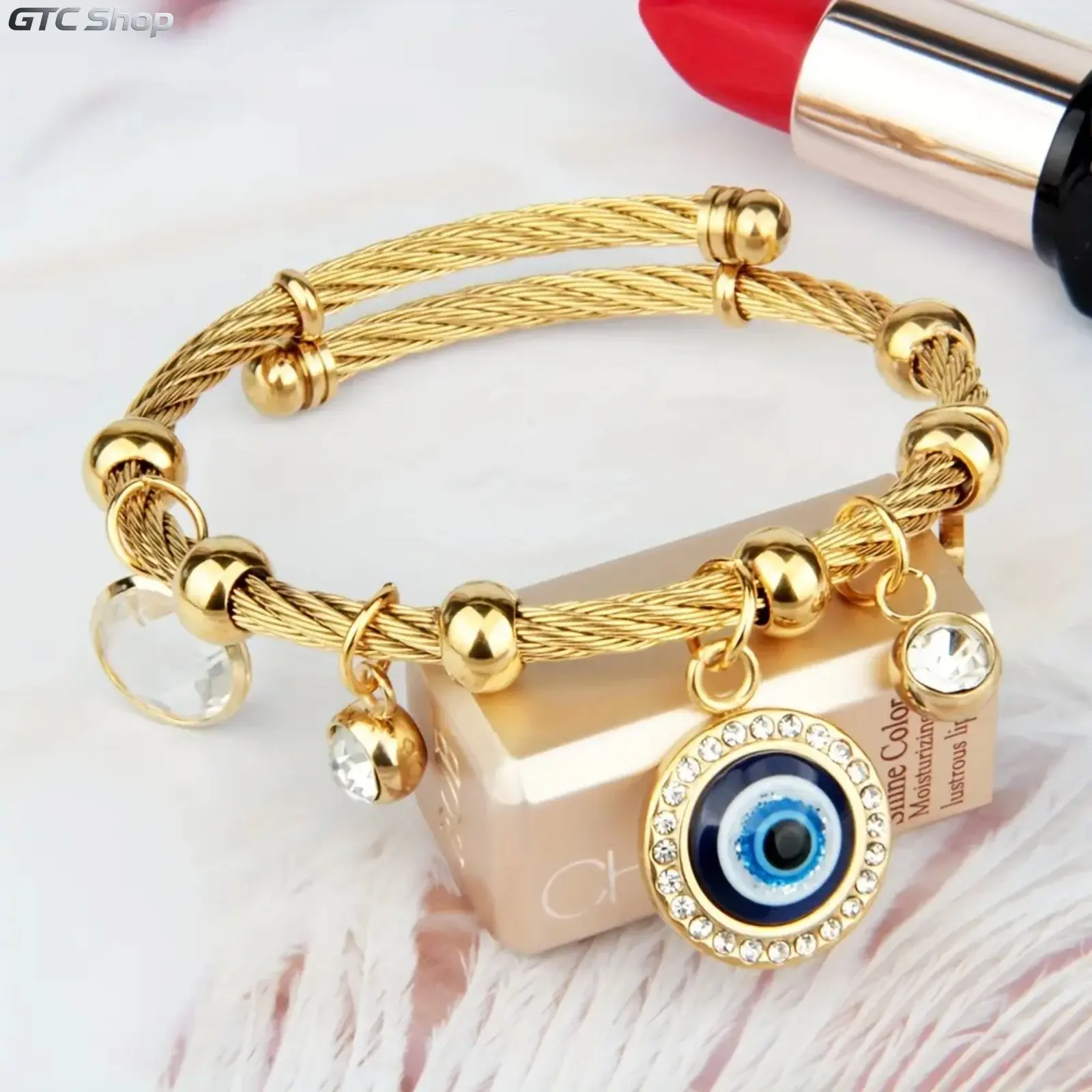 1pc 18K Gold Plated 304 Stainless Steel Wire Bracelet for Men Women, Western Style Multi Blue Eye Pendant Unisex Jewelry, Tarnish Resistant Wrist Accessory, Stylish Ornament for Holiday Party Daily Wear & Birthday Festival Gifting