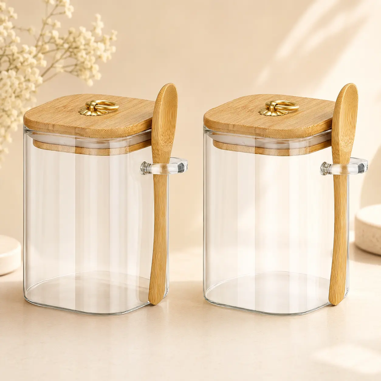 2 Pack 15oz Airtight Glass Storage Jars with Lids & Matching Spoons, Clear Glass Kitchen Canisters, Reusable Dry Food Containers for Sugar, Coffee Beans, Nuts, Cookies, Candy, Tea & Spice Pantry Organization