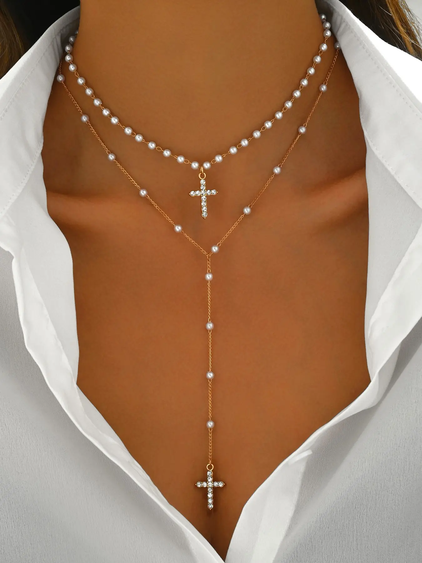 2 Pcs Classic Imitation Pearl Handmade Chain Cross Pendant Necklace, Fashionable Y-Shape Long Necklace for Women, Perfect for Daily Wear and Photoshoots